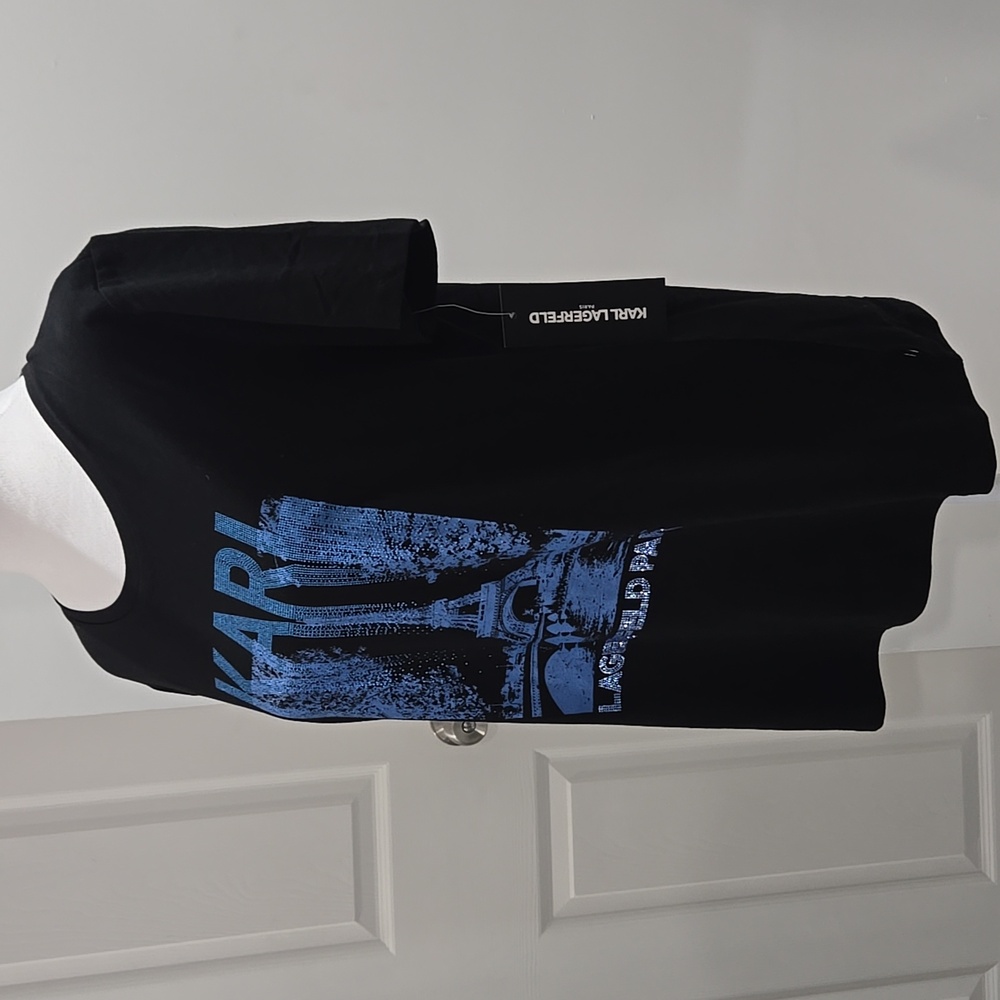 Karl Lagerfeld Paris Black T-Shirt with Blue Graphic Medium & Large NEW - Picture 3 of 15